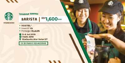 [TEMUDUGA TERBUKA STARBUCKS] - Jawatan Barista, RM1,600, Min SPM Digalakkan Untuk Datang!