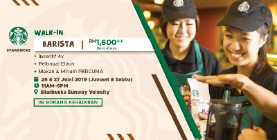 [WALK IN INTERVIEW] - Jadi Barista Di KL & Cheras, Pendapatan RM1,600++, Insentif 4X, Makan 100% Ditanggung!