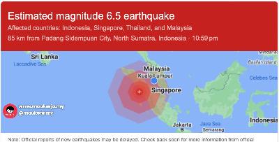 TERKINI! Gempa Bumi dengan Magnitud Anggaran 6.5 dapat dirasa hingga ke Malaysia!