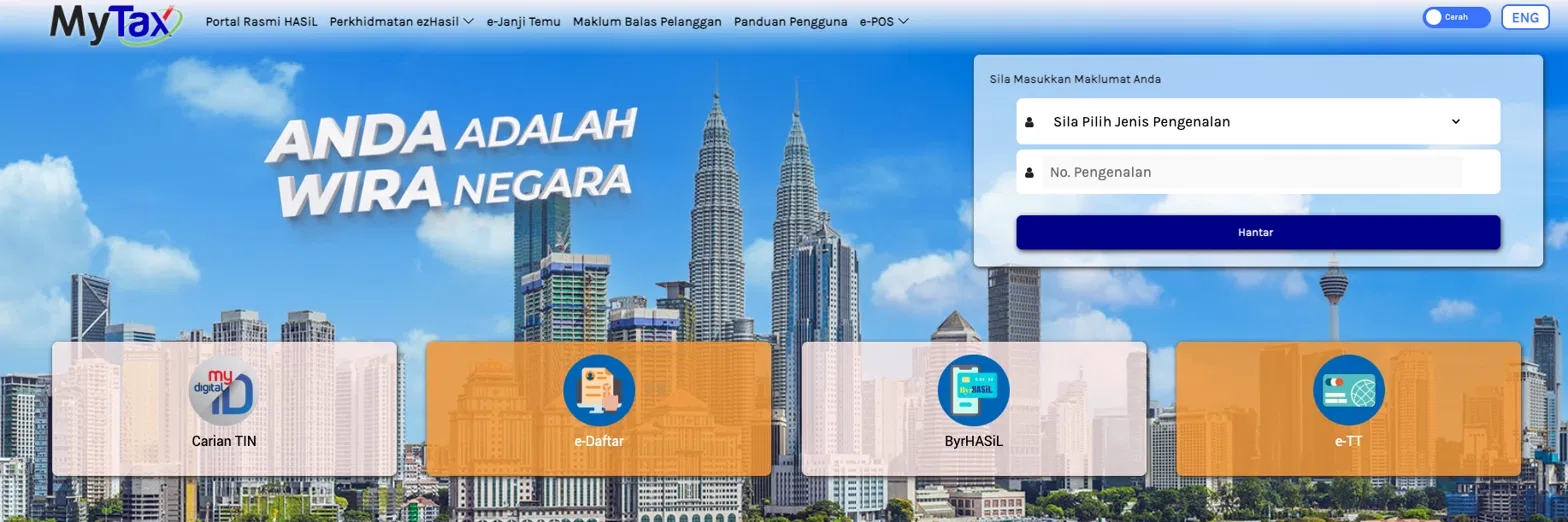 Halaman utama portal MyTax LHDN dengan menu Carian TIN, e-Daftar, ByrHASiL dan e-TT