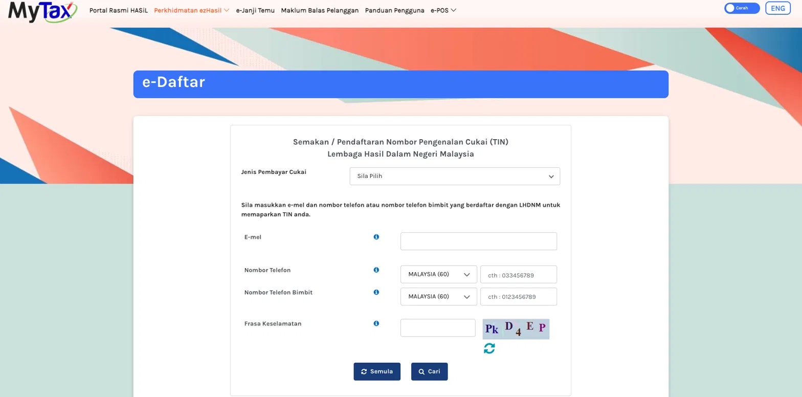 Menu e-Daftar di portal MyTax untuk permohonan pendaftaran fail cukai pendapatan
